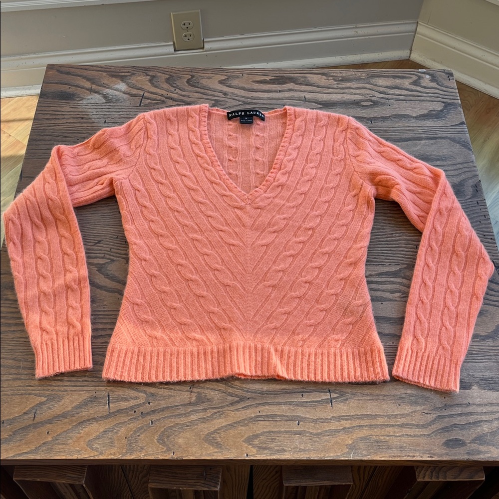 Ralph Lauren black label 100% cashmere sherbet Orange V-Neck Cable Sweater  S-M